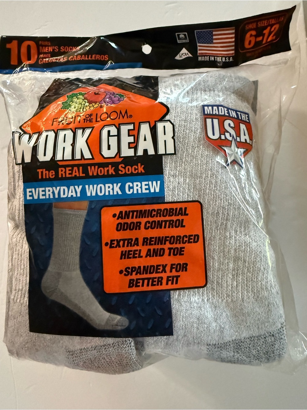 Fruit of the Loom Men's WorkGear Cushioned Crew Socks 10-Pack Gray Size 6-12